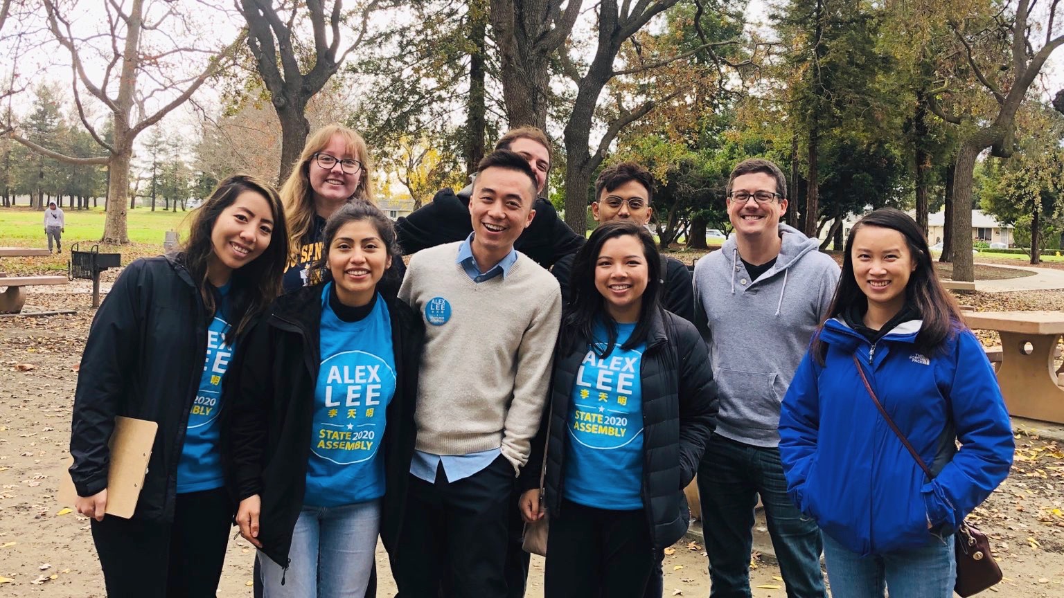 Allison Lim (center) and now-Assemblymember Alex Lee with campaign staff.