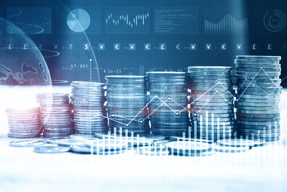 Image of coins with economic graphs